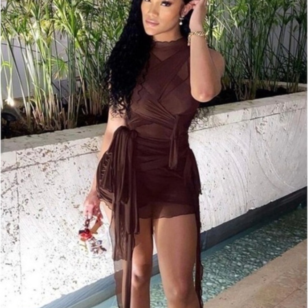 Chic Brown Mini Dress with Sheer Details